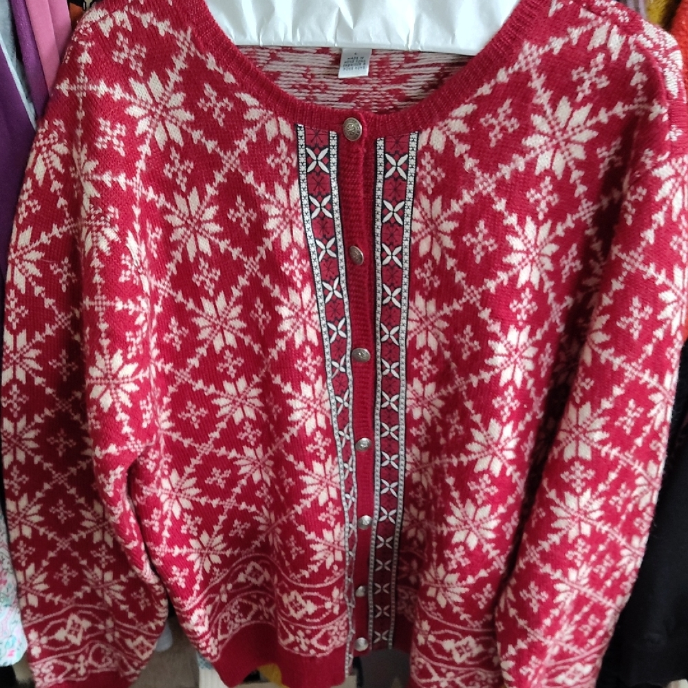 Talbots Red and White Snowflake Cardigan
